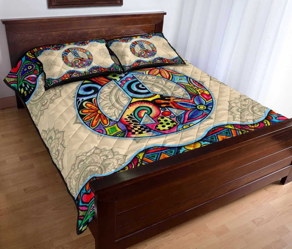 Floral Peace Symbol Hippie Quilt Set 0622