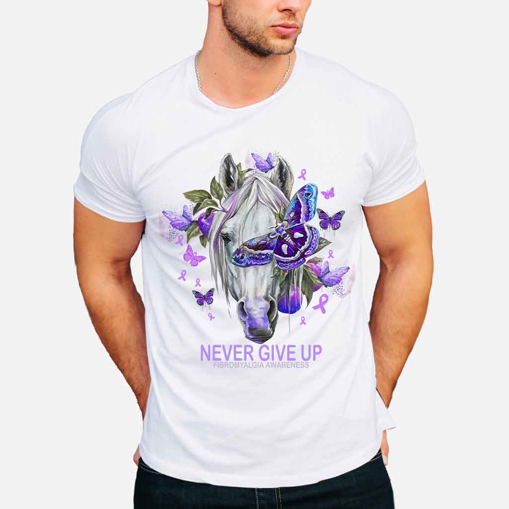 Never Give Up Horse Purple Butterfly - Fibromyalgia Awareness T-shirt and Hoodie 112021