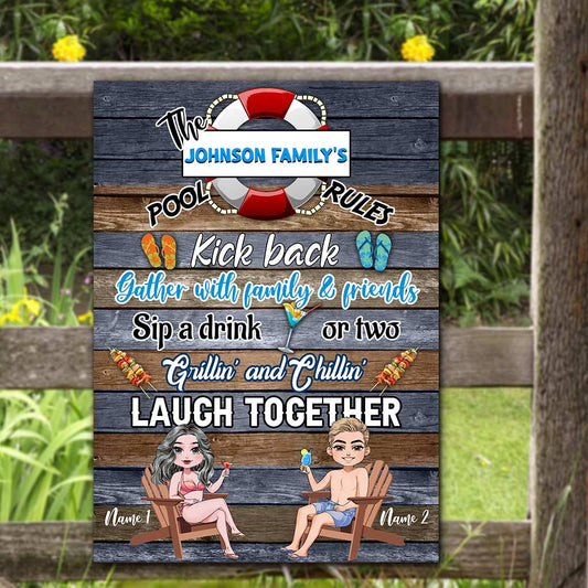 Pool Rules Swim Or Float - Personalized Backyard Rectangle Metal Sign