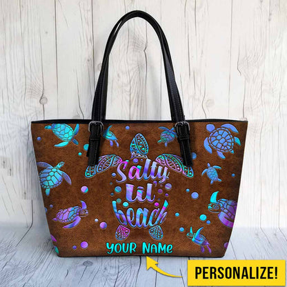 Salty Lil' Beach - Turtle Personalized Leather Tote Bag