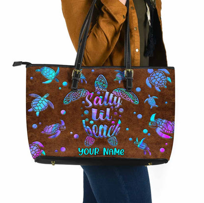 Salty Lil' Beach - Turtle Personalized Leather Tote Bag