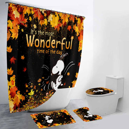 Most Wonderful Time Of The Day Autumn Leaf White Puppy - Fall Bathroom Curtain & Mats Set