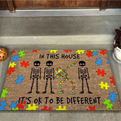 In This House It's Ok To Be Different - Autism Awareness Coir Pattern Print Doormat