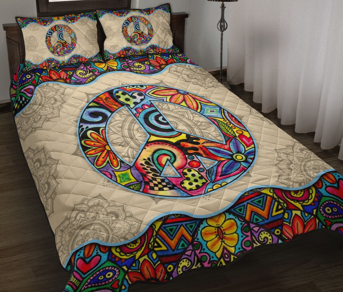 Floral Peace Symbol Hippie Quilt Set 0622