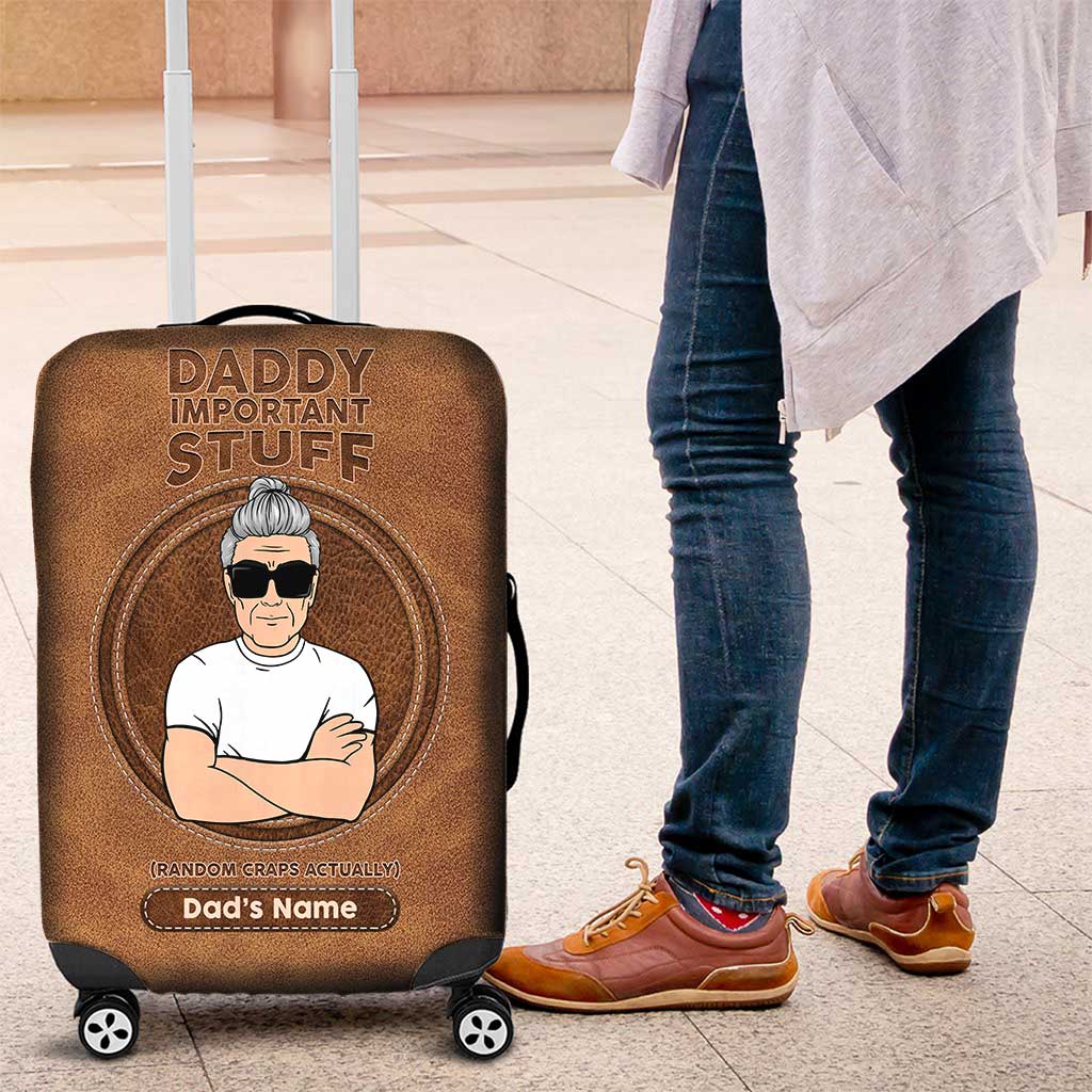 Daddy Important Stuff - Personalized Father's Day Luggage Cover With Leather Pattern Print