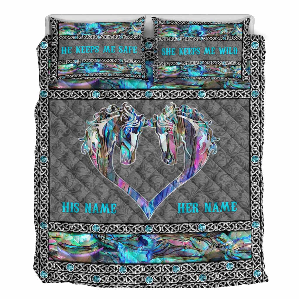 He Keeps Me Safe She Keeps Me Wild - Personalized Horse Quilt Set