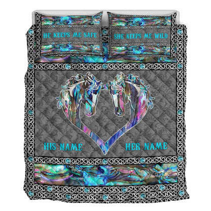 He Keeps Me Safe She Keeps Me Wild - Personalized Horse Quilt Set