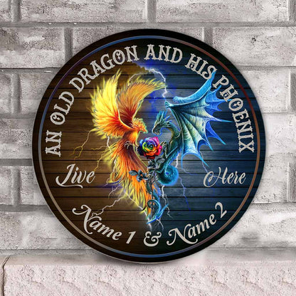 An Old Dragon And His Phoenix Live Here Personalized Round Wood Sign