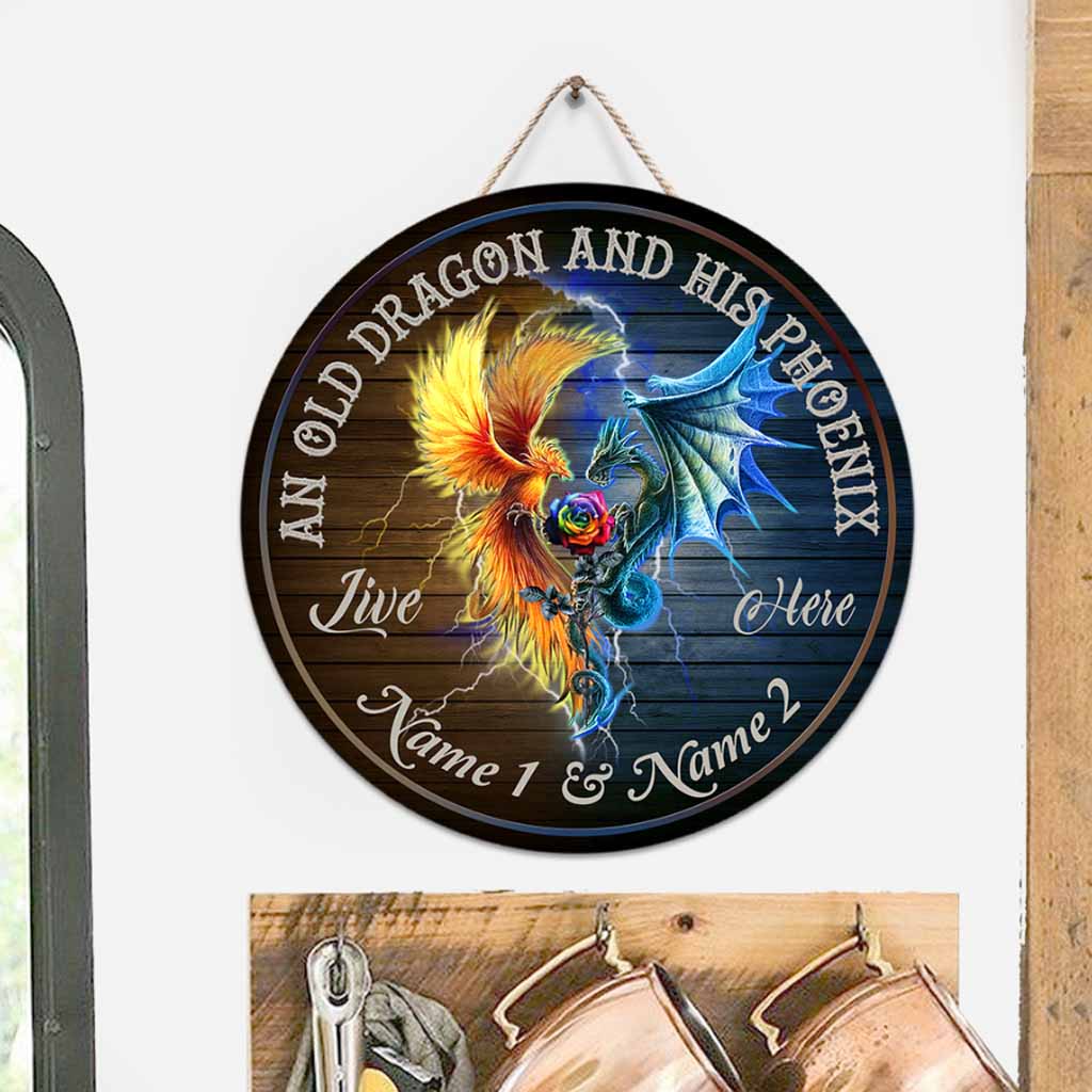 An Old Dragon And His Phoenix Live Here Personalized Round Wood Sign