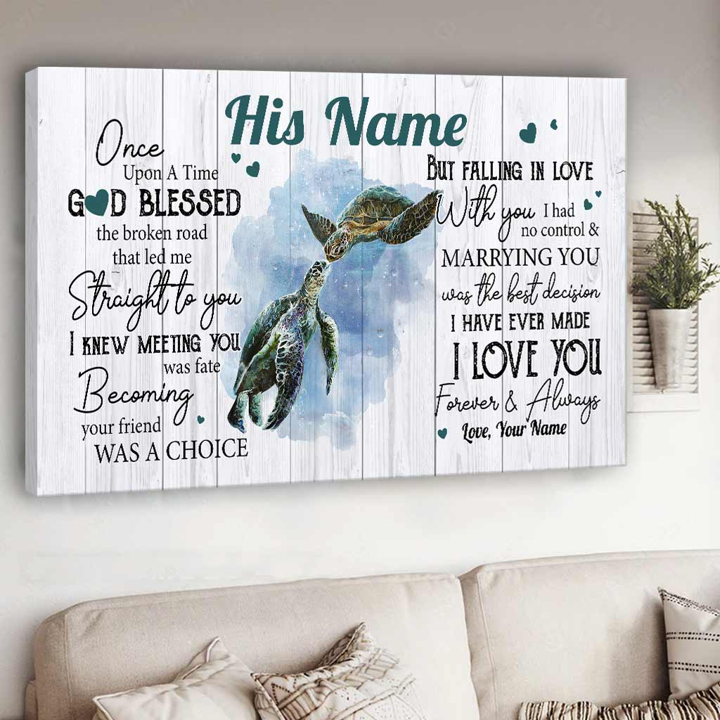 God Blessed The Broken Road - Personalized Couple Turtle Canvas And Poster