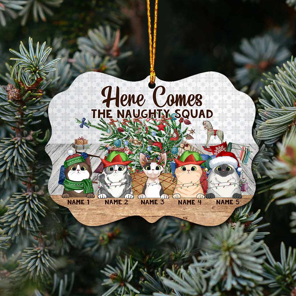 Here Comes The Naughty Squad - Personalized Christmas Cat Ornament (Printed On Both Sides)