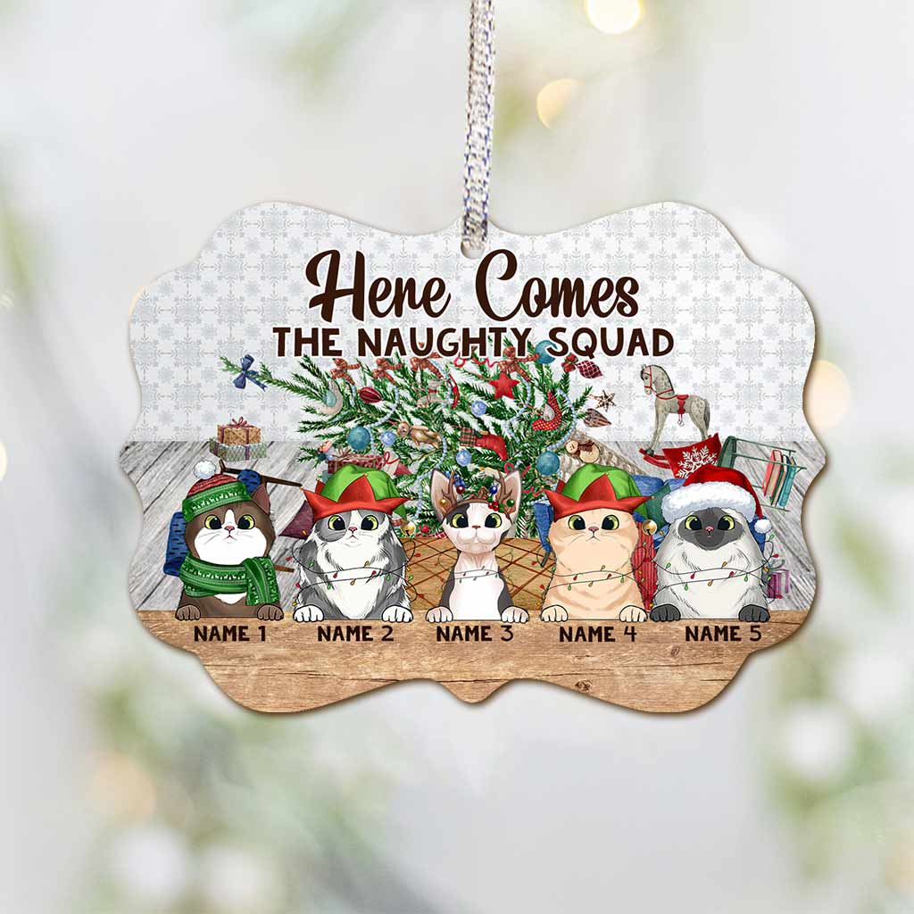 Here Comes The Naughty Squad - Personalized Christmas Cat Ornament (Printed On Both Sides)