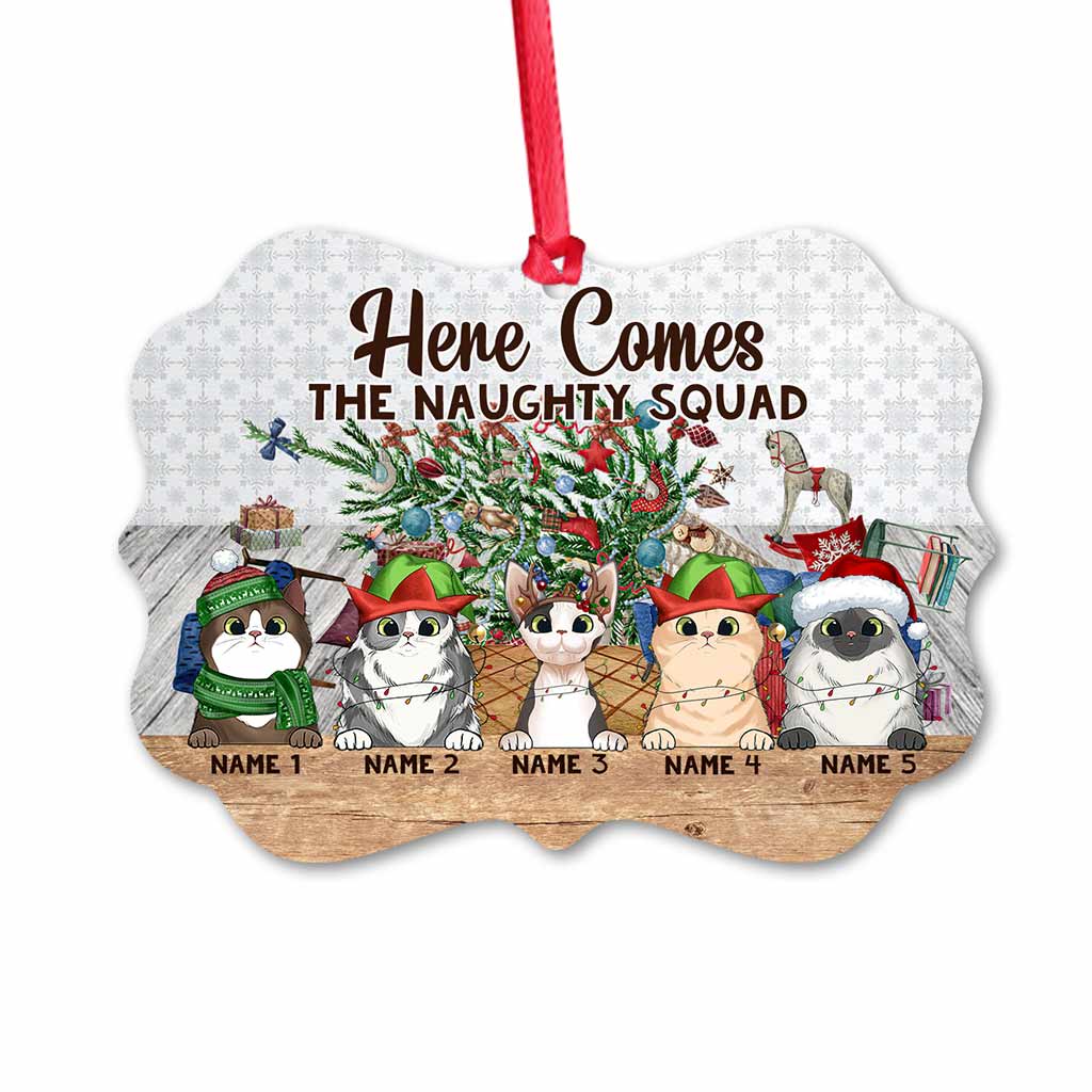 Here Comes The Naughty Squad - Personalized Christmas Cat Ornament (Printed On Both Sides)