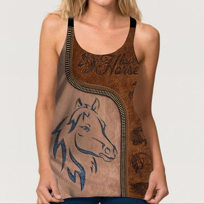 Love Horses Leather Pattern Print Cross Tank Top