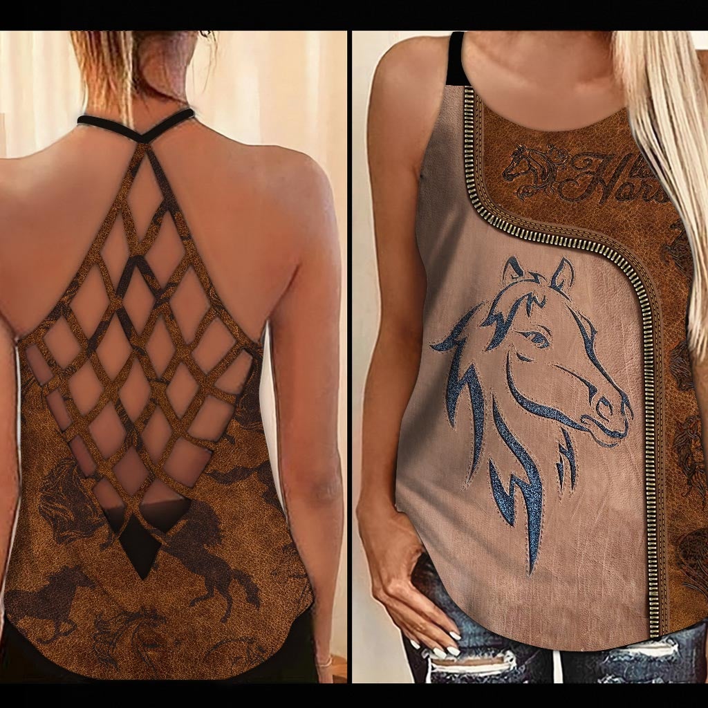 Love Horses Leather Pattern Print Cross Tank Top