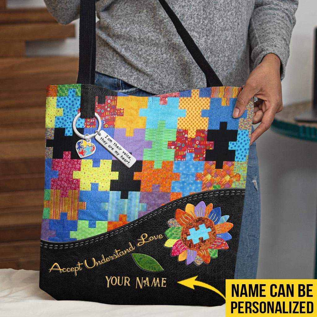 Accept Understand Love - Autism Awareness Personalized Quilt Pattern Print Tote Bag