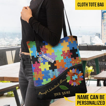 Accept Understand Love - Autism Awareness Personalized Quilt Pattern Print Tote Bag