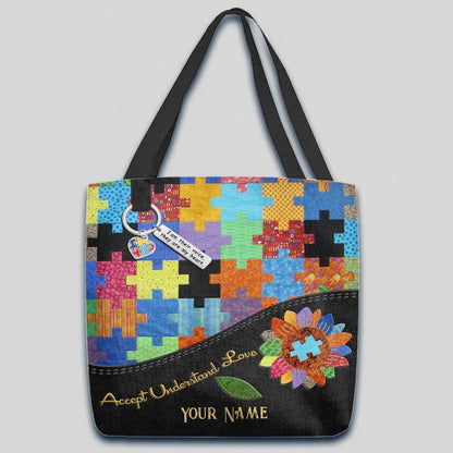 Accept Understand Love - Autism Awareness Personalized Quilt Pattern Print Tote Bag