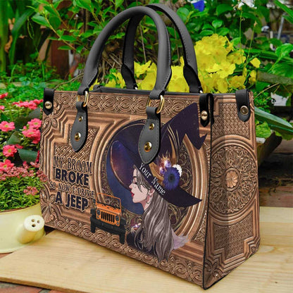 My Broom Broke - Personalized Halloween Car Leather Handbag