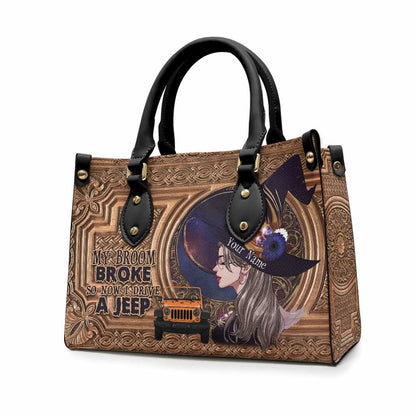 My Broom Broke - Personalized Halloween Car Leather Handbag