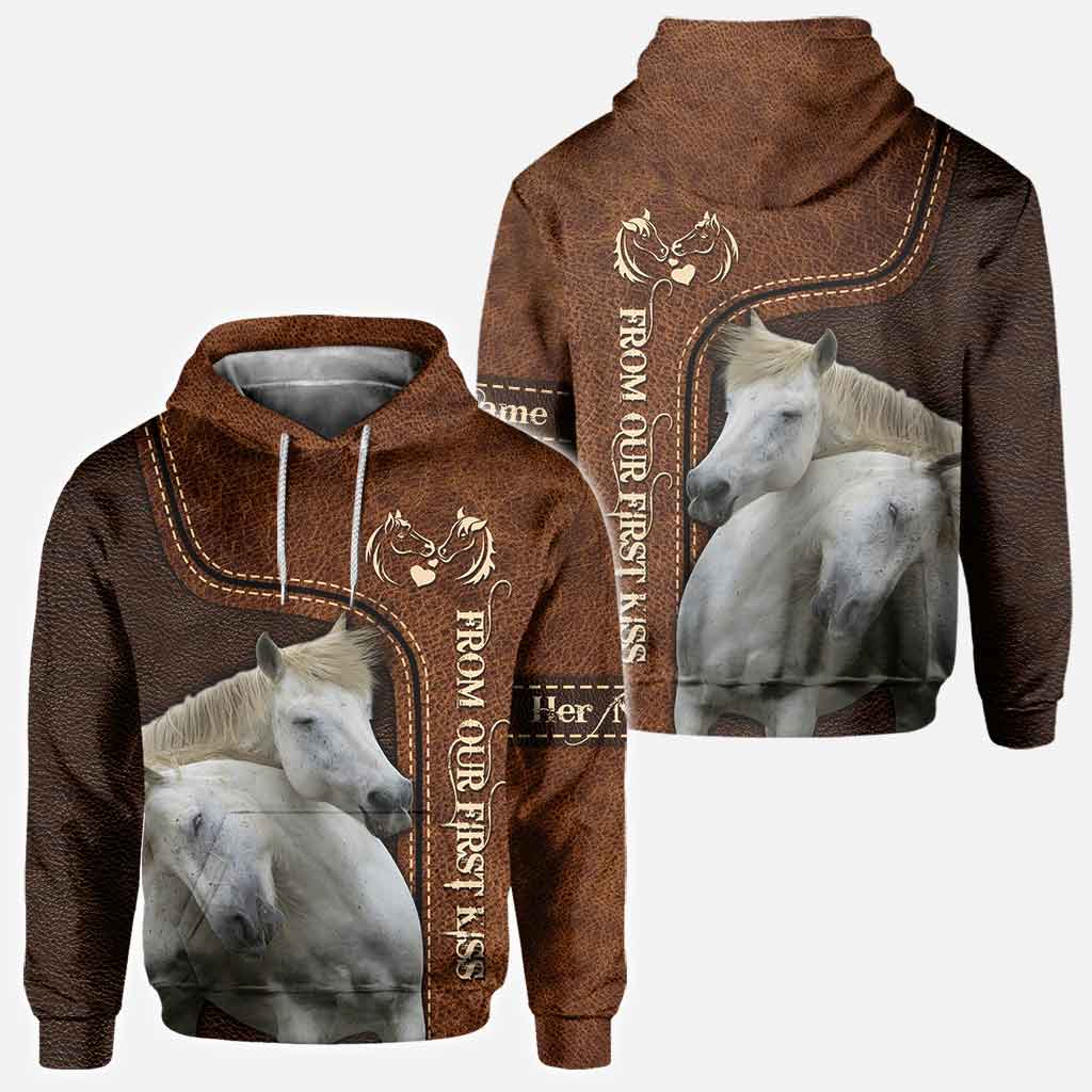 From Our First Kiss Till Our Last Breath - Personalized Couple Horse All Over T-shirt and Hoodie With Leather Pattern Print