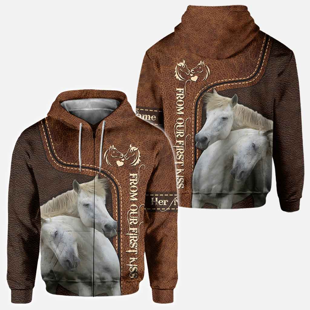 From Our First Kiss Till Our Last Breath - Personalized Couple Horse All Over T-shirt and Hoodie With Leather Pattern Print