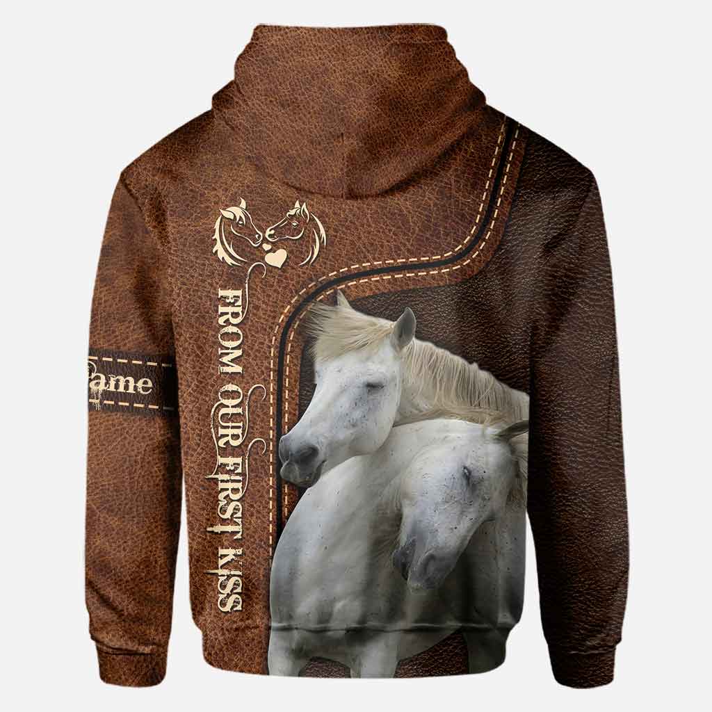 From Our First Kiss Till Our Last Breath - Personalized Couple Horse All Over T-shirt and Hoodie With Leather Pattern Print