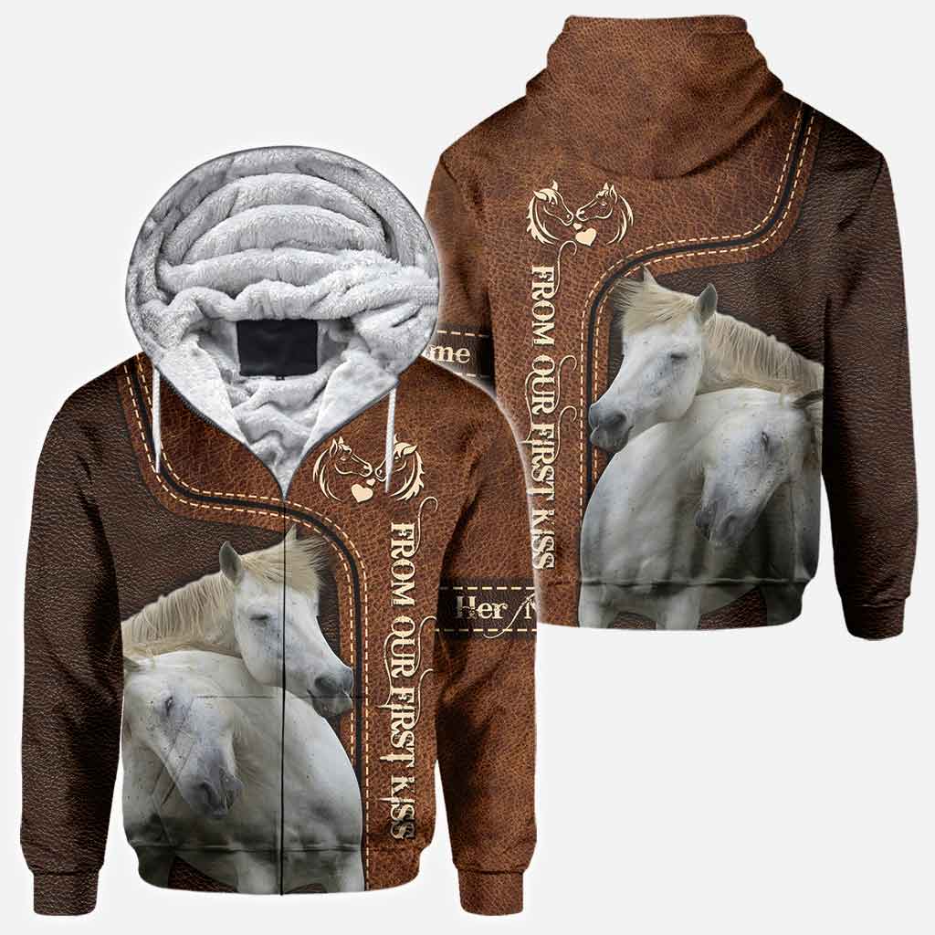 From Our First Kiss Till Our Last Breath - Personalized Couple Horse All Over T-shirt and Hoodie With Leather Pattern Print