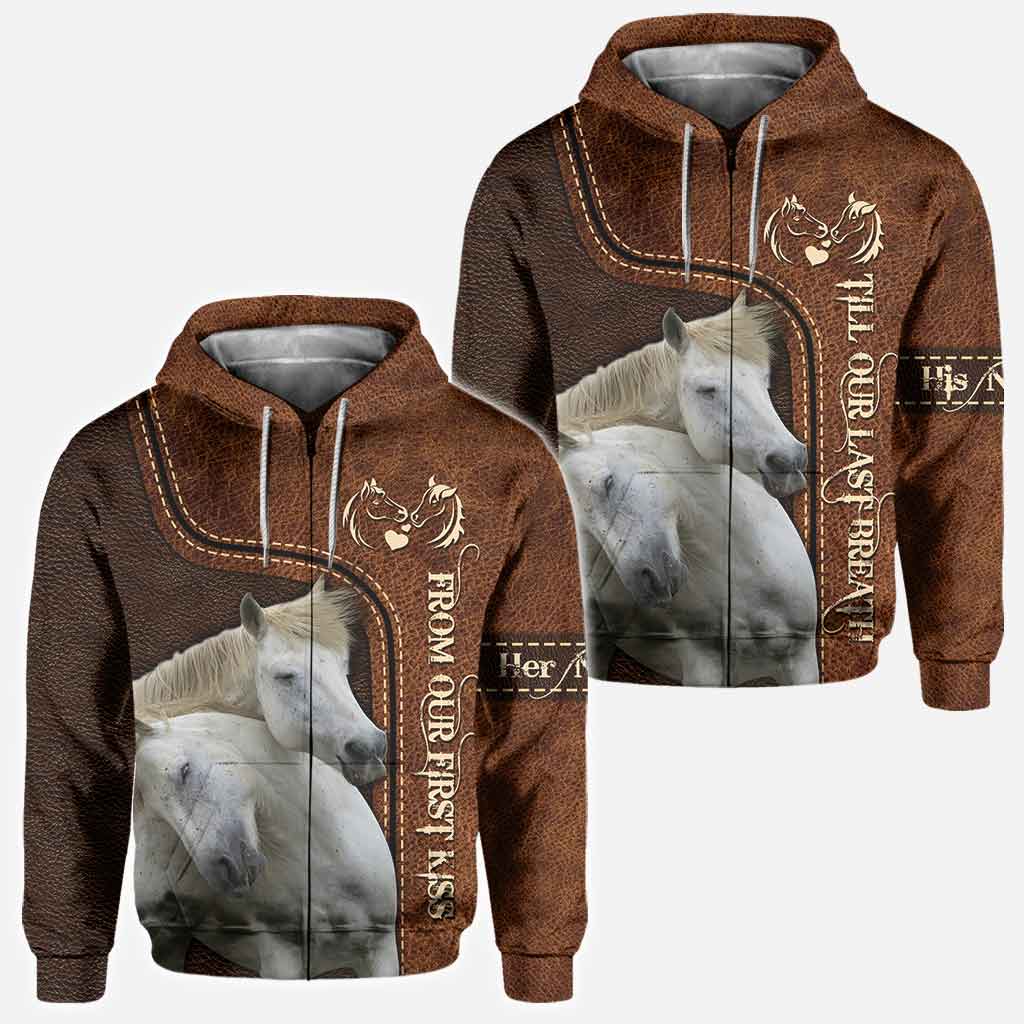 From Our First Kiss Till Our Last Breath - Personalized Couple Horse All Over T-shirt and Hoodie With Leather Pattern Print