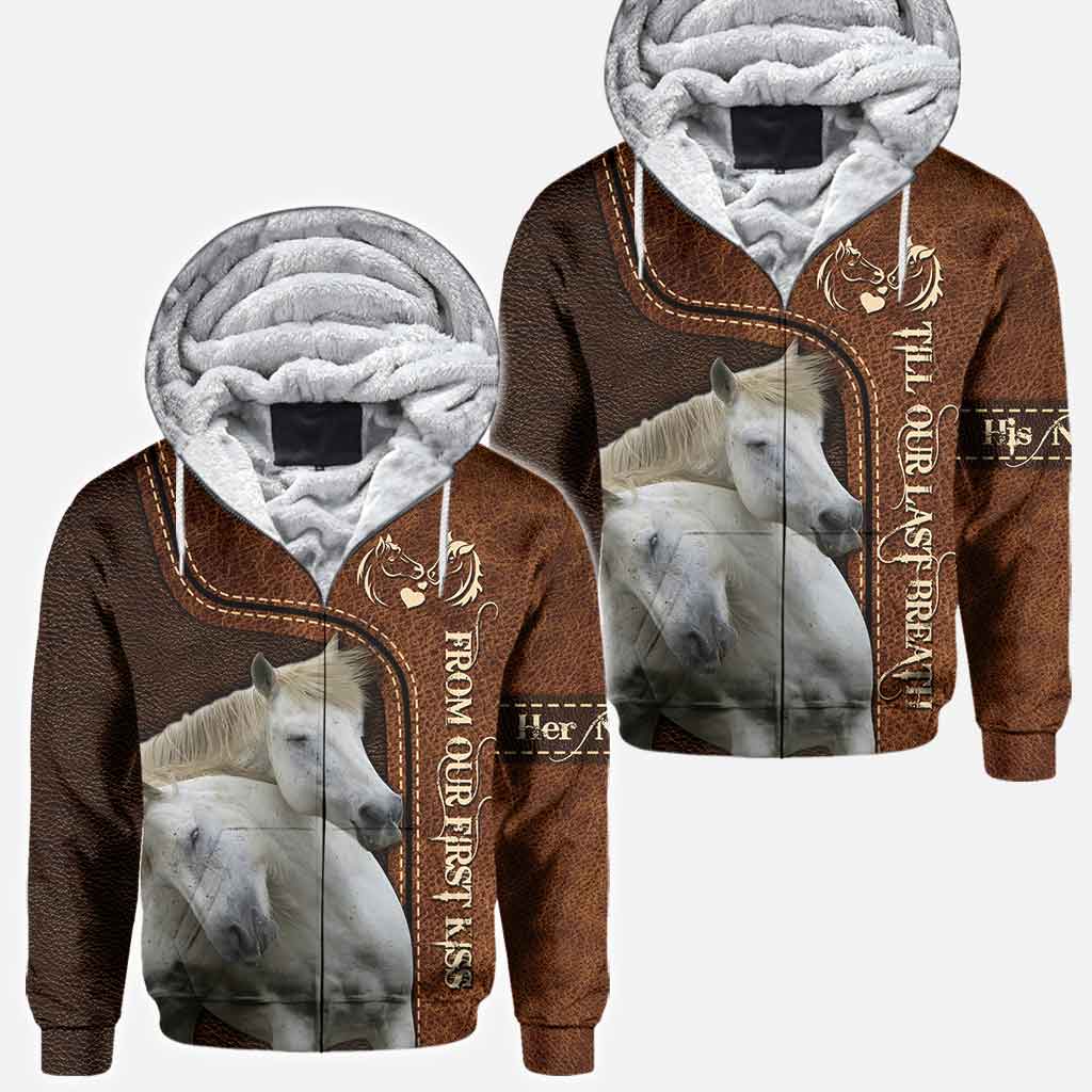 From Our First Kiss Till Our Last Breath - Personalized Couple Horse All Over T-shirt and Hoodie With Leather Pattern Print