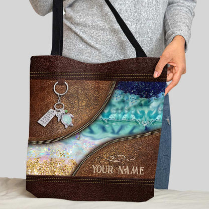 Sea Turtle Ocean Beach Crashing Waves - Personalized Turtle Tote Bag