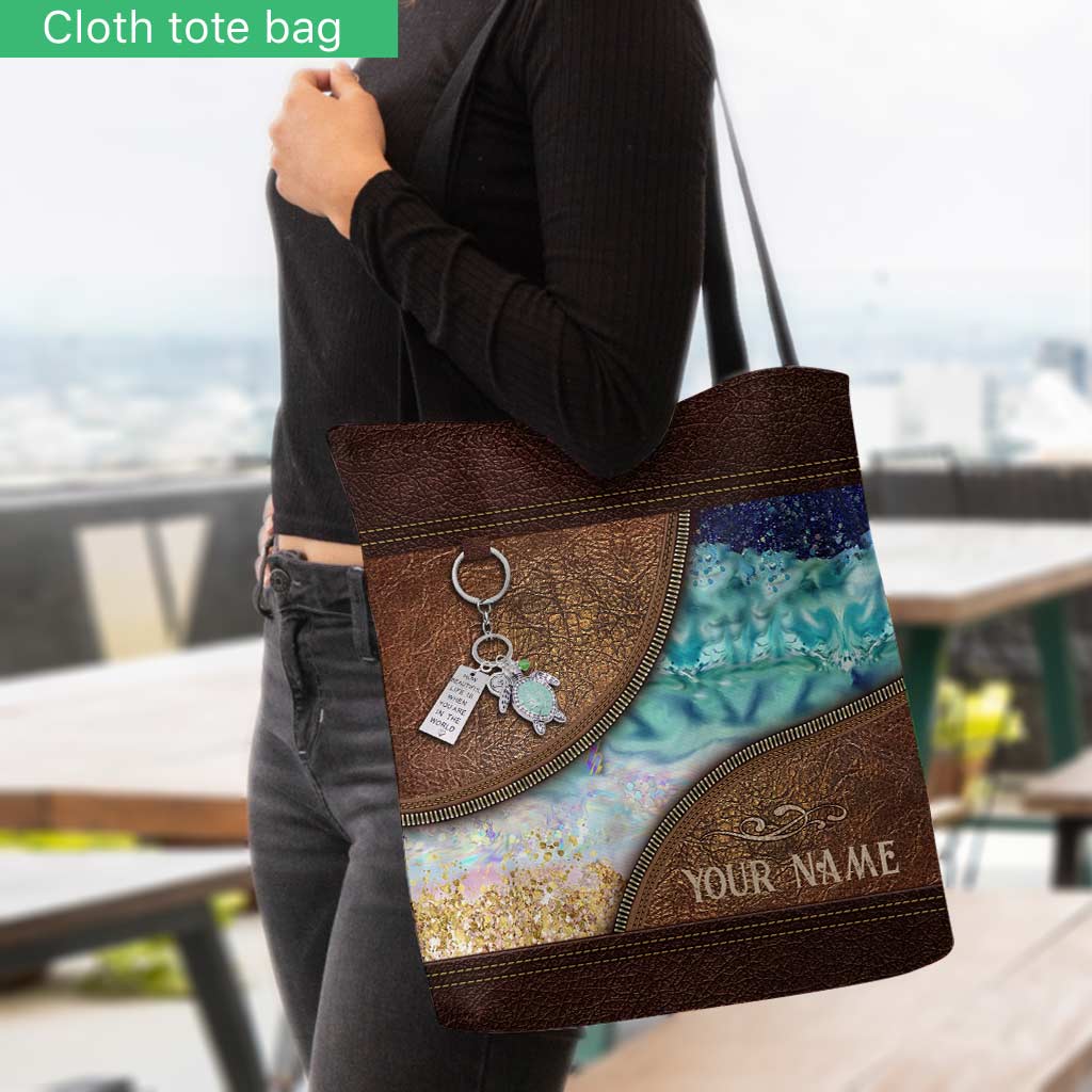 Sea Turtle Ocean Beach Crashing Waves - Personalized Turtle Tote Bag