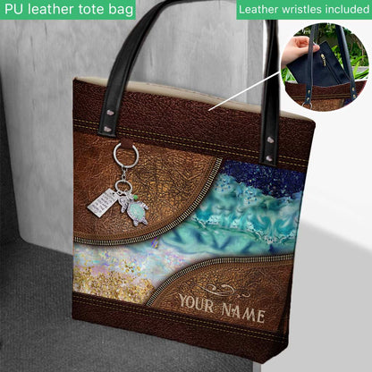 Sea Turtle Ocean Beach Crashing Waves - Personalized Turtle Tote Bag