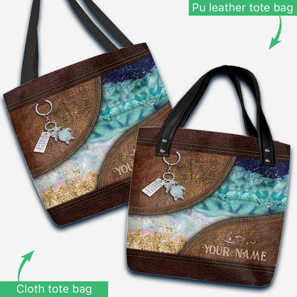 Sea Turtle Ocean Beach Crashing Waves - Personalized Turtle Tote Bag