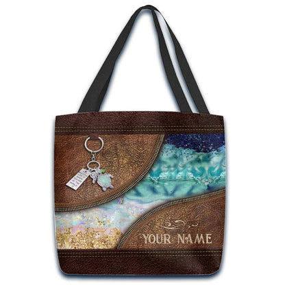 Sea Turtle Ocean Beach Crashing Waves - Personalized Turtle Tote Bag