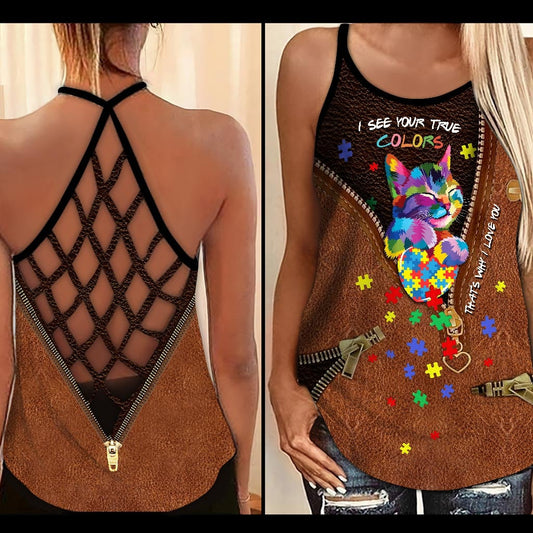 I See Your True Color - Autism Awareness Leather Pattern Print Cross Tank Top