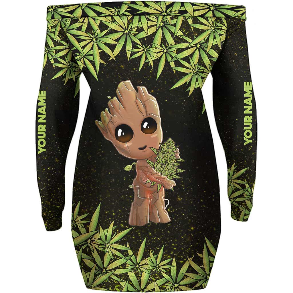 Be Happy - Personalized Weed Off Shoulder Long Sleeve Dress