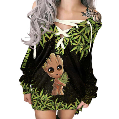 Be Happy - Personalized Weed Off Shoulder Long Sleeve Dress