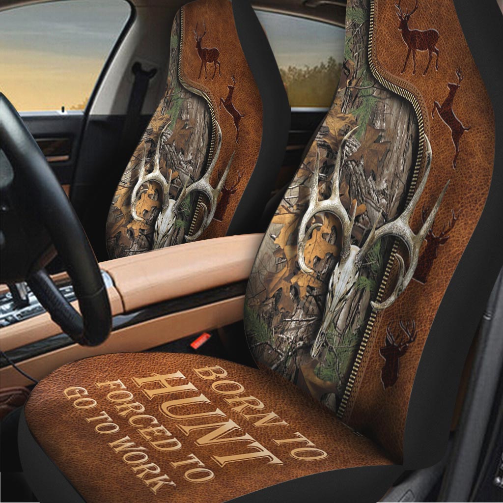 Born To Hunt Forced To Go To Work - Hunting Seat Covers With Leather Pattern Print