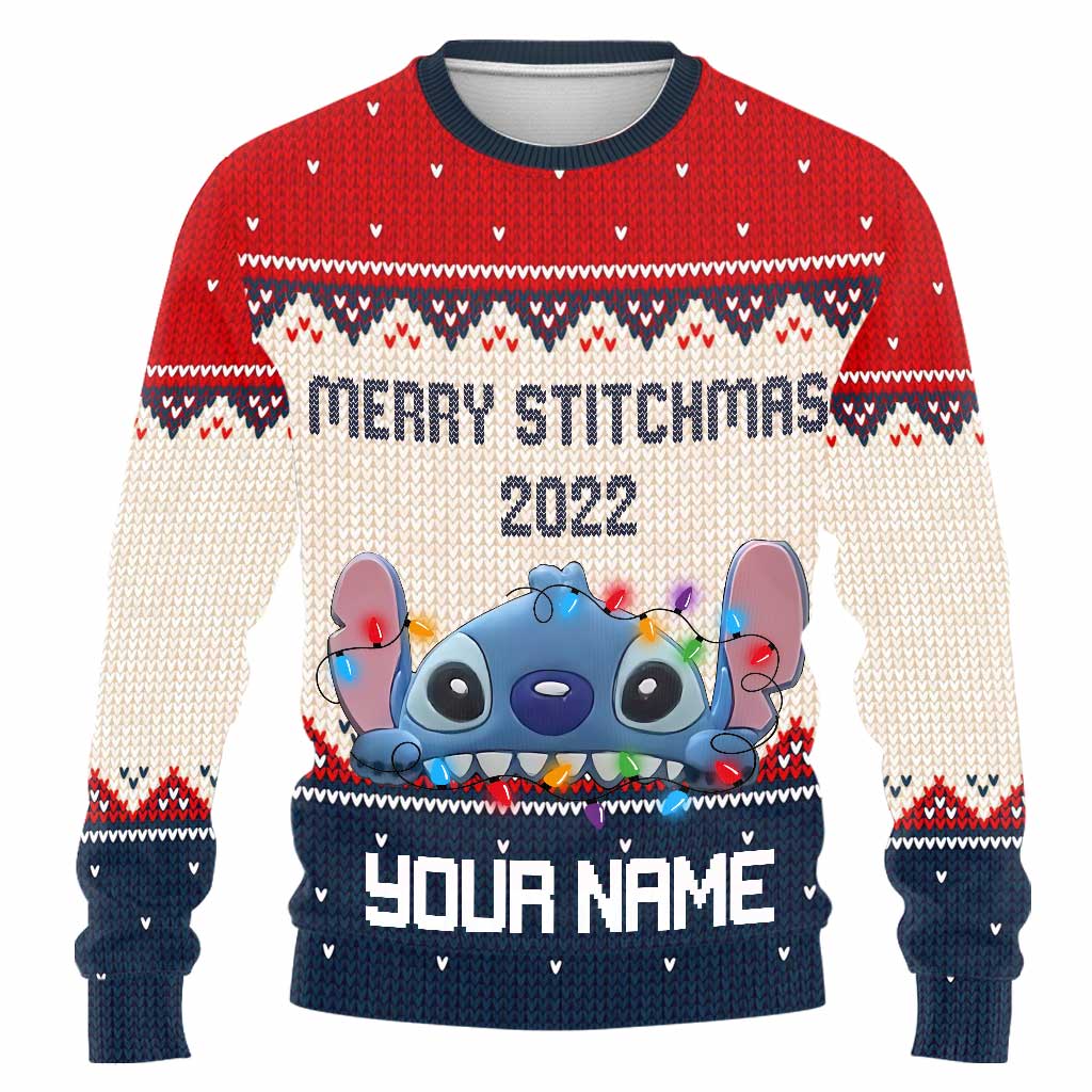 Merry Stitchmas - Personalized Christmas Ohana Sweater With Faux Wool Pattern Printed