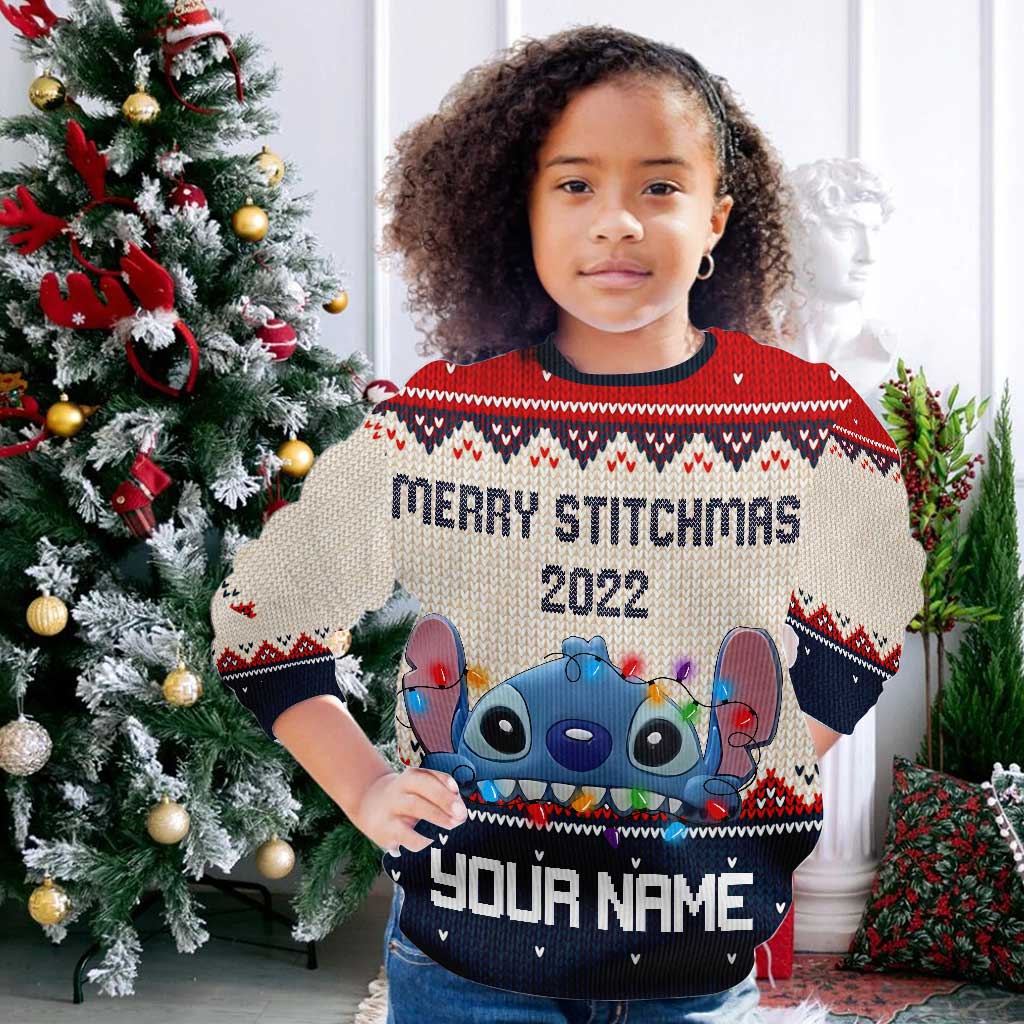 Merry Stitchmas - Personalized Christmas Ohana Sweater With Faux Wool Pattern Printed