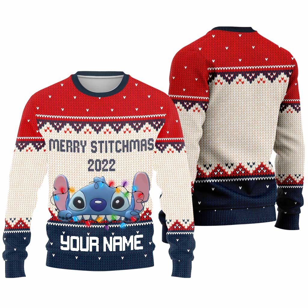 Merry Stitchmas - Personalized Christmas Ohana Sweater With Faux Wool Pattern Printed