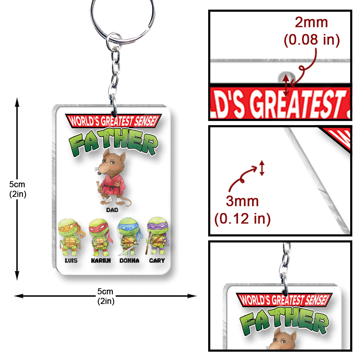 World's Greatest Sensei Father - Personalized Green Turtles Keychain