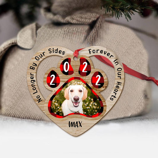 No Longer By Our Sides Forever In Our Hearts - Personalized Christmas Dog Ornament (Printed On Both Sides)