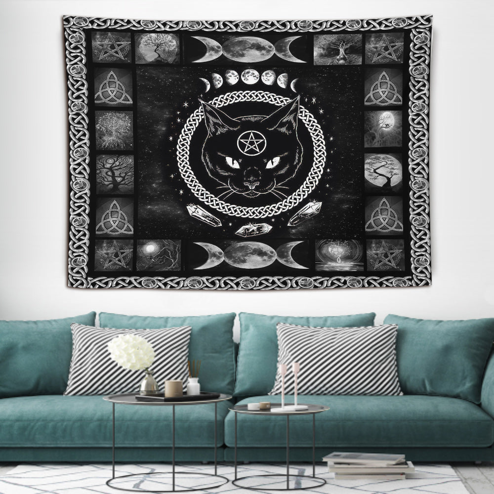 Hello Darkness My Old Friend - Halloween Black Cat Wall Tapestry