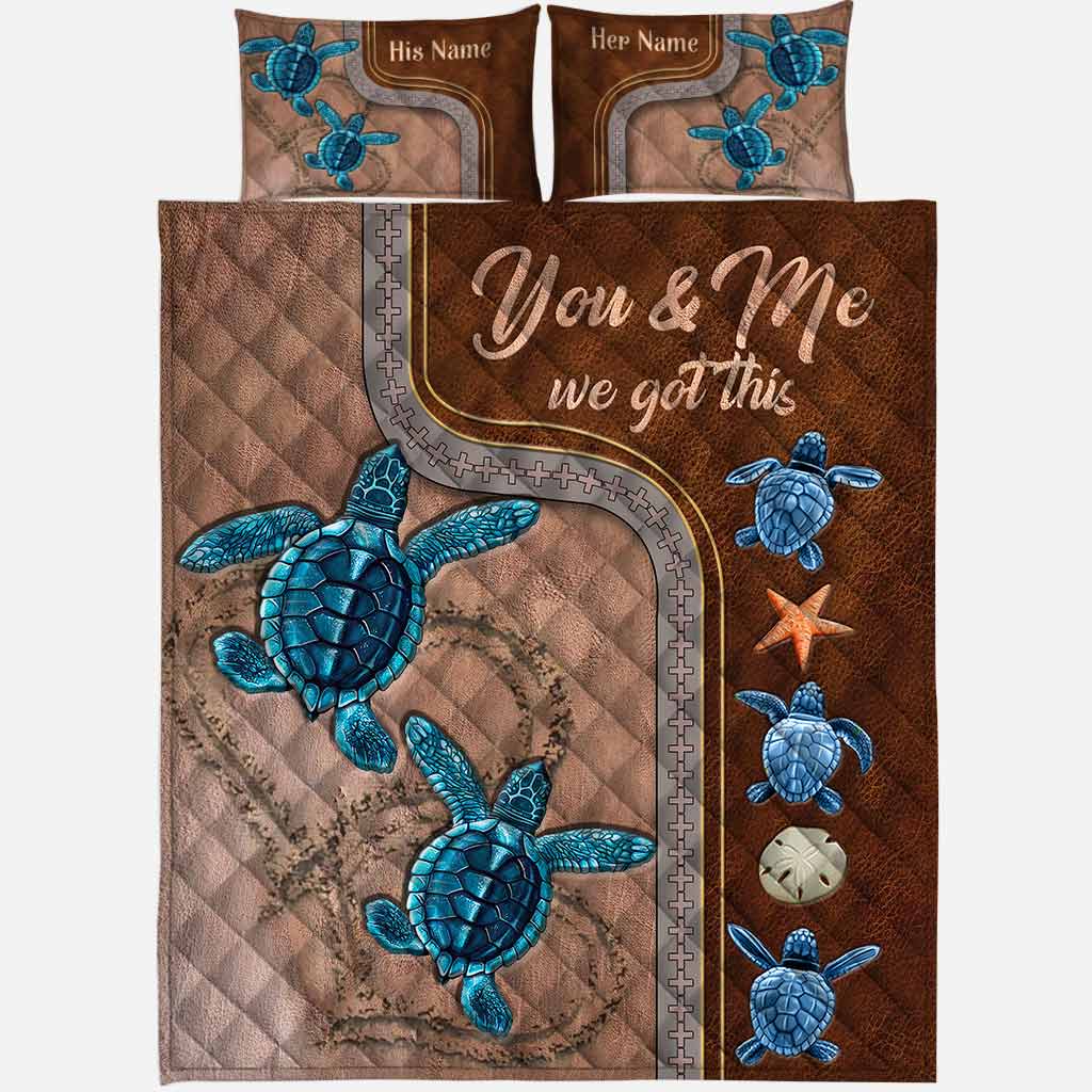 You And Me - Personalized Turtle Quilt Set With Leather Pattern Print