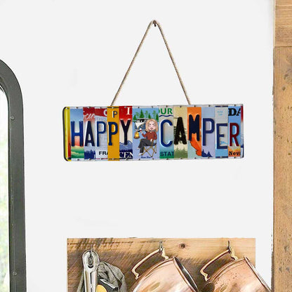 Happy Camper License Plate - Personalized Camping Wood Sign With Metal Pattern Print