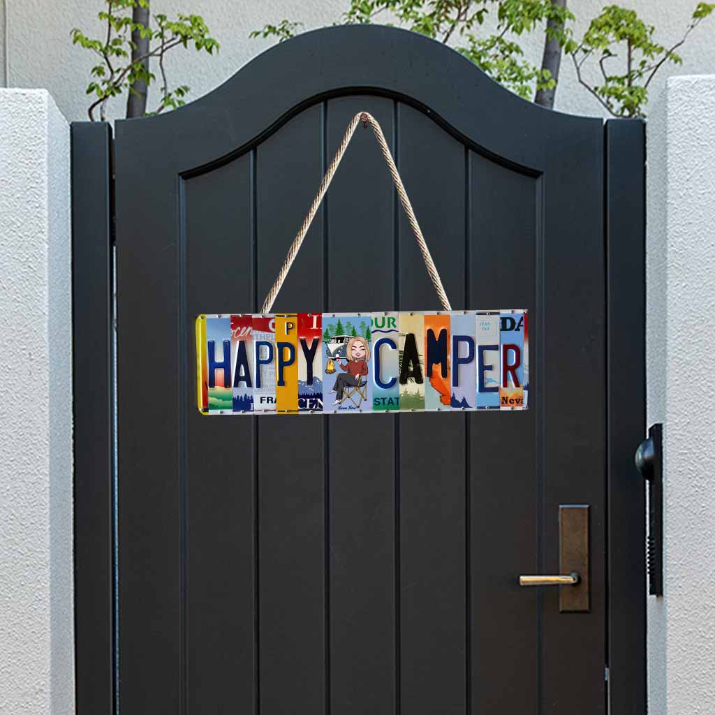 Happy Camper License Plate - Personalized Camping Wood Sign With Metal Pattern Print