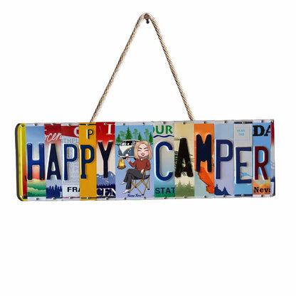 Happy Camper License Plate - Personalized Camping Wood Sign With Metal Pattern Print