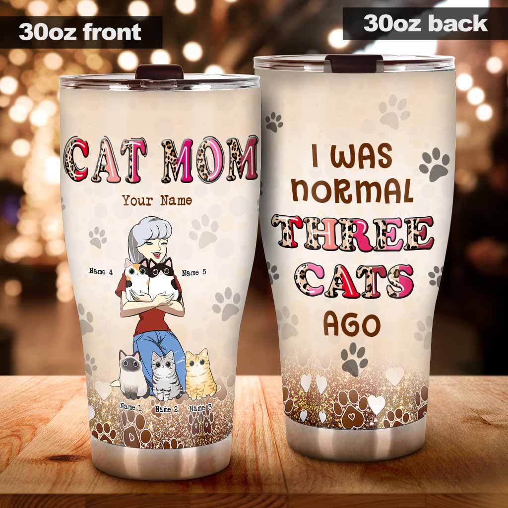 I Was Normal Three Cats Ago Faux Gold Glitter - Personalized Cat Tumbler